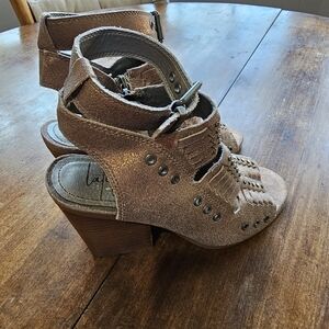 Latigo Alanis Leather Metallic Ankle Strap Sandal Heels Size 7.5